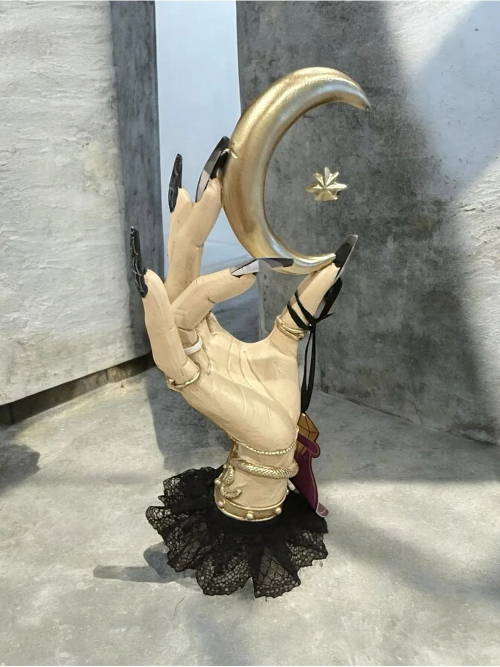 Gothic Celestial Witch Hand Crescent Moon Statue Black Lace Halloween Home Decor
